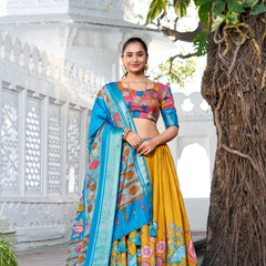 Glamgait Mustard Yellow Floral Lehenga Choli with Blue Silk Dupatta