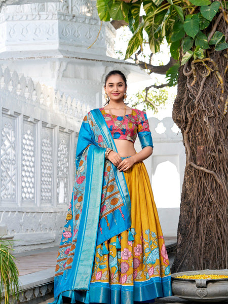 Glamgait Mustard Yellow Floral Lehenga Choli with Blue Silk Dupatta