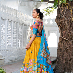 Glamgait Mustard Yellow Floral Lehenga Choli with Blue Silk Dupatta