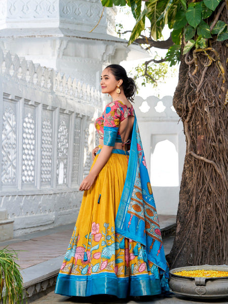 Glamgait Mustard Yellow Floral Lehenga Choli with Blue Silk Dupatta