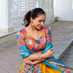 Glamgait Mustard Yellow Floral Lehenga Choli with Blue Silk Dupatta