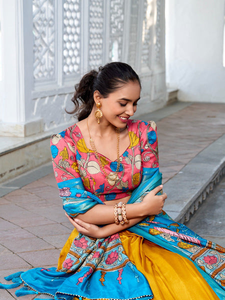Glamgait Mustard Yellow Floral Lehenga Choli with Blue Silk Dupatta