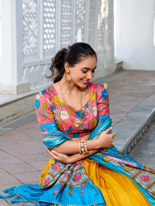 Glamgait Mustard Yellow Floral Lehenga Choli with Blue Silk Dupatta