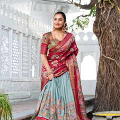 Glamgait Mustard Yellow Floral Lehenga Choli with Blue Silk Dupatta