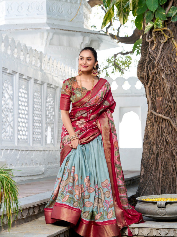 Glamgait Mustard Yellow Floral Lehenga Choli with Blue Silk Dupatta