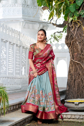Glamgait Mustard Yellow Floral Lehenga Choli with Blue Silk Dupatta