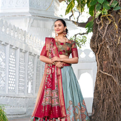 Glamgait Mustard Yellow Floral Lehenga Choli with Blue Silk Dupatta
