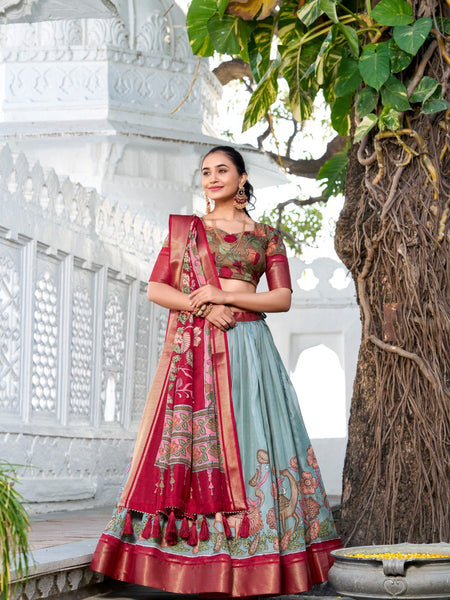 Glamgait Mustard Yellow Floral Lehenga Choli with Blue Silk Dupatta
