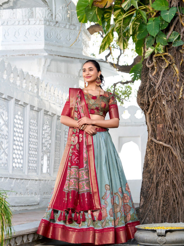 Glamgait Mustard Yellow Floral Lehenga Choli with Blue Silk Dupatta