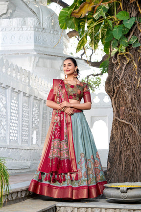 Glamgait Mustard Yellow Floral Lehenga Choli with Blue Silk Dupatta
