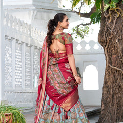 Glamgait Mustard Yellow Floral Lehenga Choli with Blue Silk Dupatta