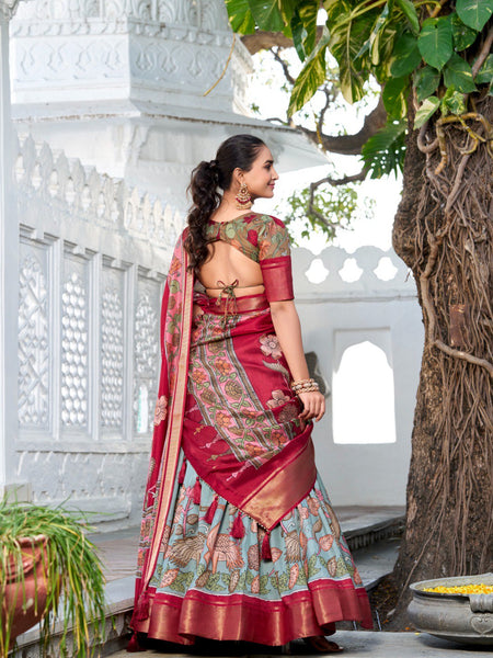 Glamgait Mustard Yellow Floral Lehenga Choli with Blue Silk Dupatta