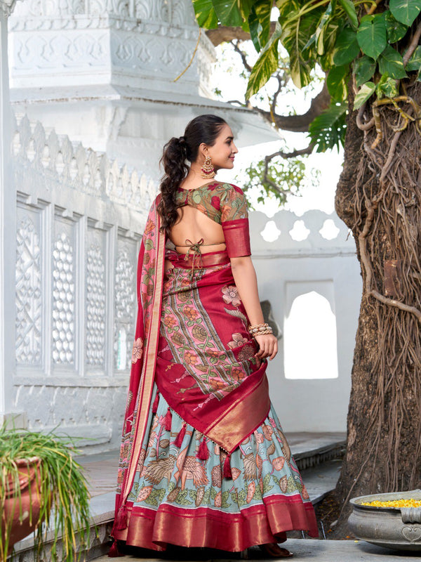 Glamgait Mustard Yellow Floral Lehenga Choli with Blue Silk Dupatta