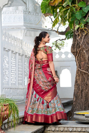 Glamgait Mustard Yellow Floral Lehenga Choli with Blue Silk Dupatta
