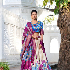 Glamgait Cream Floral Lehenga Choli with Magenta Silk Dupatta & Blue Designer Blouse