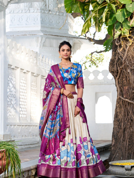 Glamgait Cream Floral Lehenga Choli with Magenta Silk Dupatta & Blue Designer Blouse