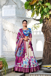 Glamgait Cream Floral Lehenga Choli with Magenta Silk Dupatta & Blue Designer Blouse
