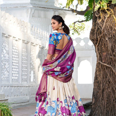 Glamgait Cream Floral Lehenga Choli with Magenta Silk Dupatta & Blue Designer Blouse