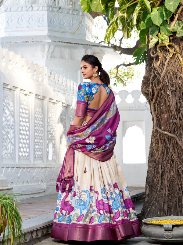 Glamgait Cream Floral Lehenga Choli with Magenta Silk Dupatta & Blue Designer Blouse