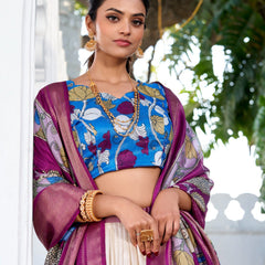 Glamgait Cream Floral Lehenga Choli with Magenta Silk Dupatta & Blue Designer Blouse