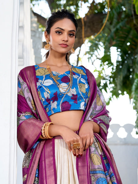 Glamgait Cream Floral Lehenga Choli with Magenta Silk Dupatta & Blue Designer Blouse