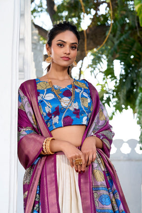 Glamgait Cream Floral Lehenga Choli with Magenta Silk Dupatta & Blue Designer Blouse