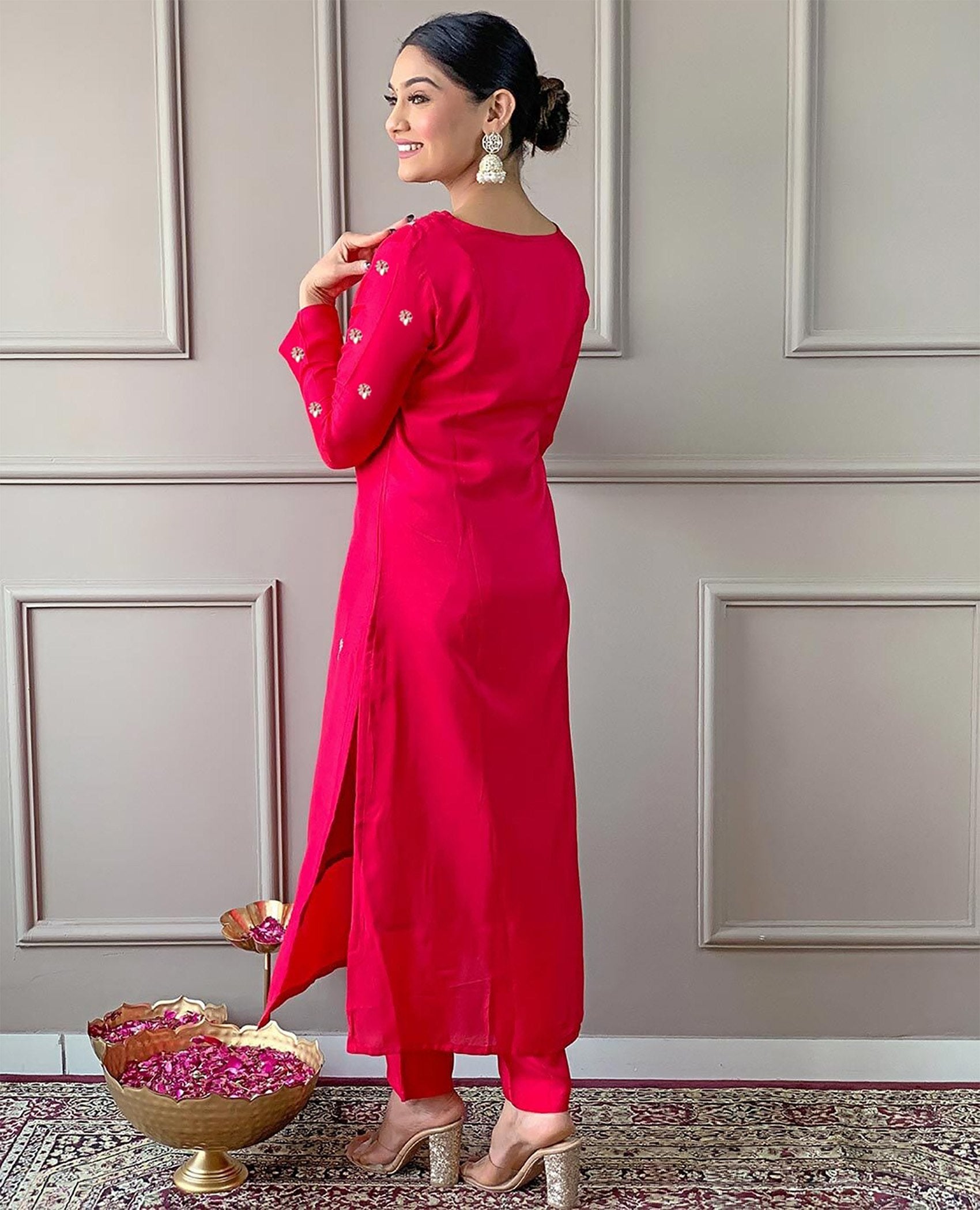 Festive Pink Embroidered Kurta Set with Multicolor Zigzag Dupatta for Women