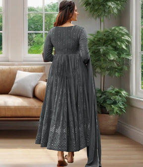 Elegant Charcoal Grey Embroidered Anarkali Gown with Dupatta