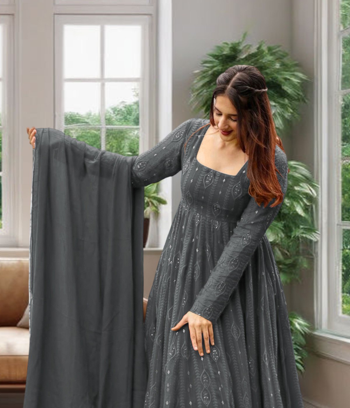 Elegant Charcoal Grey Embroidered Anarkali Gown with Dupatta