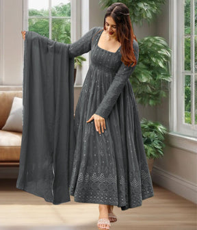 Elegant Charcoal Grey Embroidered Anarkali Gown with Dupatta
