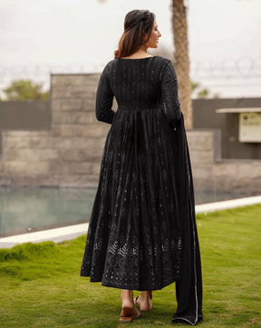 Elegant Black Embroidered Anarkali Gown with Dupatta