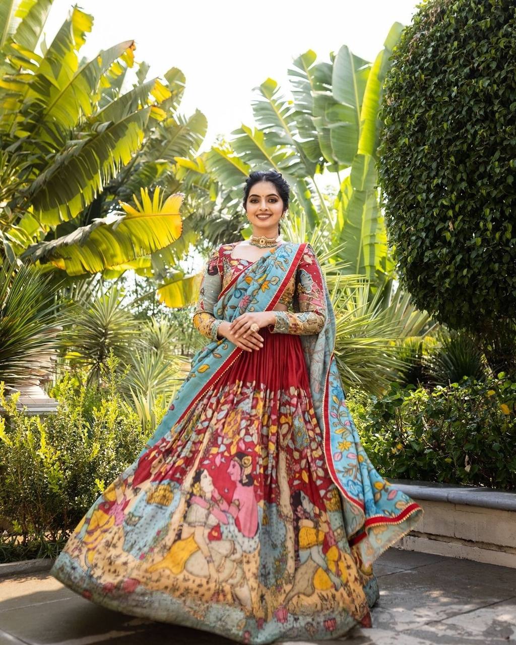 Royal Red Hand-Painted Kalamkari Lehenga Set with Blue Floral Dupatta – Festive Ethnic Wear for Women