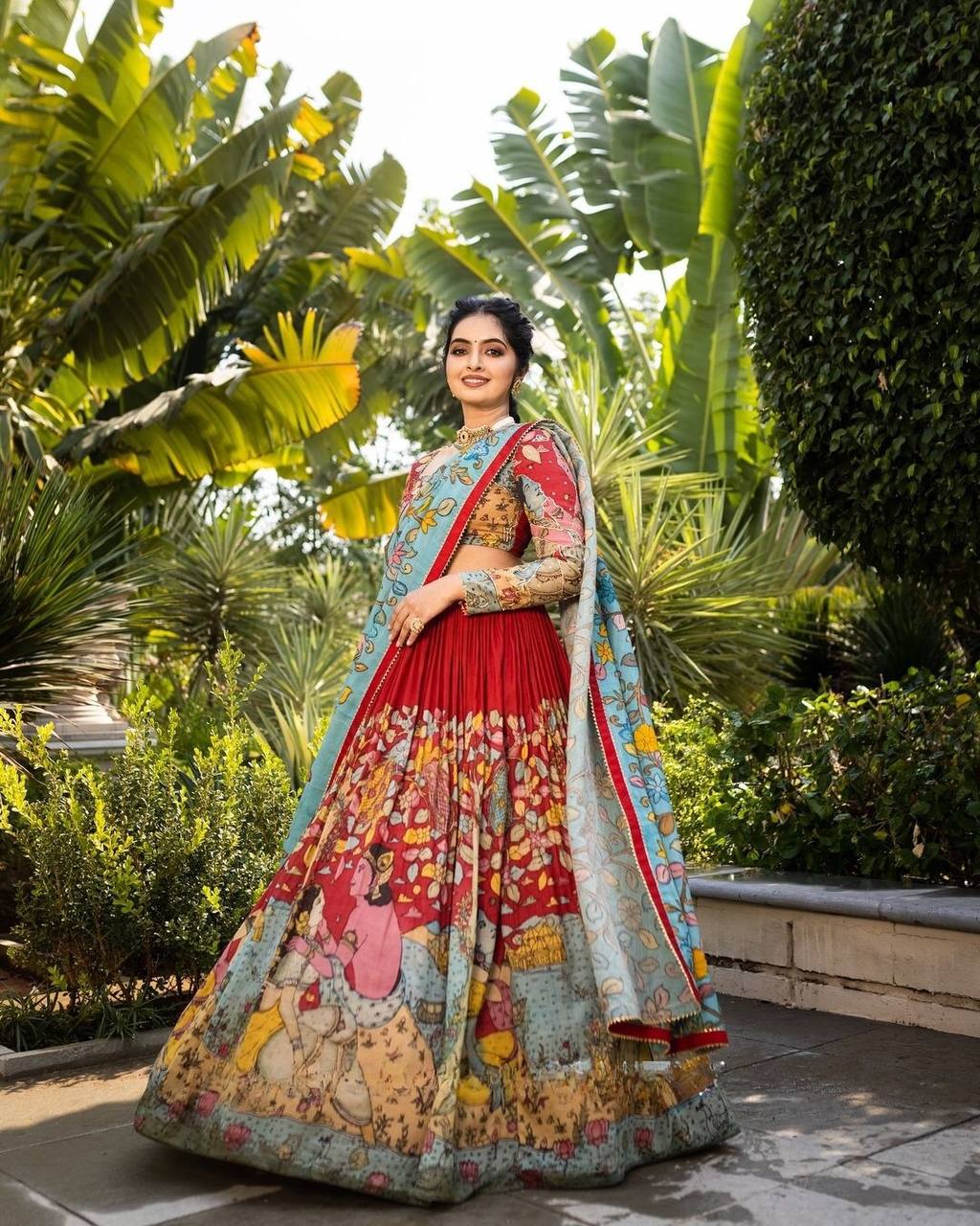 Royal Red Hand-Painted Kalamkari Lehenga Set with Blue Floral Dupatta – Festive Ethnic Wear for Women