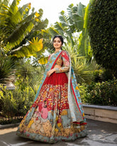 Royal Red Hand-Painted Kalamkari Lehenga Set with Blue Floral Dupatta – Festive Ethnic Wear for Women