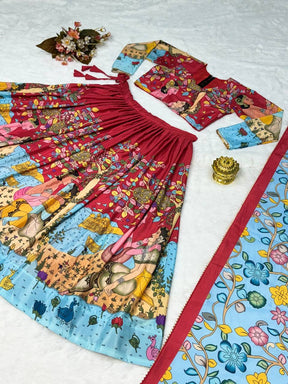 Royal Red Hand-Painted Kalamkari Lehenga Set with Blue Floral Dupatta – Festive Ethnic Wear for Women