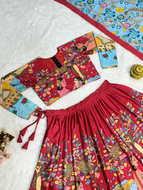 Royal Red Hand-Painted Kalamkari Lehenga Set with Blue Floral Dupatta – Festive Ethnic Wear for Women