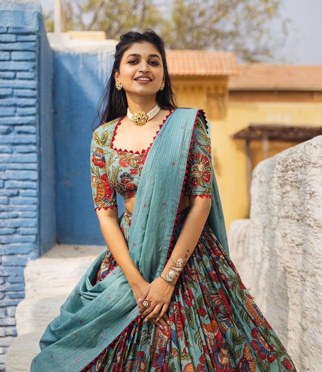 Elegant Aqua Blue Handblock Floral Print Lehenga Set for Women – Ethnic Festive Wear