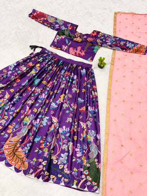 Hand-Painted Peacock Motif Purple Lehenga Set – Artistic Ethnic Wear with Pink Dupatta | Festive & Designer Look