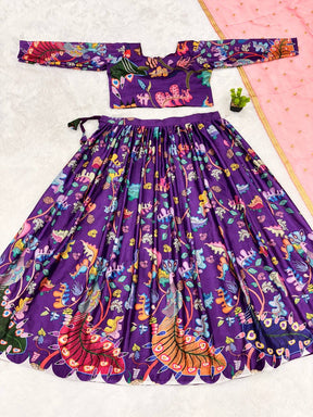 Hand-Painted Peacock Motif Purple Lehenga Set – Artistic Ethnic Wear with Pink Dupatta | Festive & Designer Look