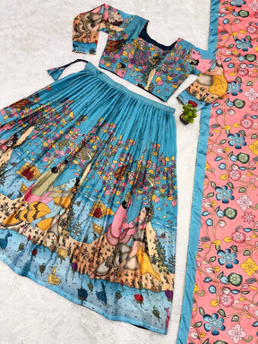 Hand-Painted Radha Krishna Lehenga Set – Teal & Pink Ethnic Outfit with Mythological Art & Floral Dupatta