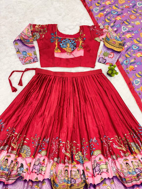 Hand-Painted Botanical & Animal Motif Lehenga Set – Elegant Maroon & Lavender Designer Ethnic Wear