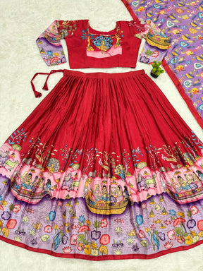 Hand-Painted Botanical & Animal Motif Lehenga Set – Elegant Maroon & Lavender Designer Ethnic Wear