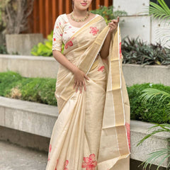 Beige Soft Banarasi Saree with Red Floral Prints – Soft & Lightweight Party Wear Saree for Women
