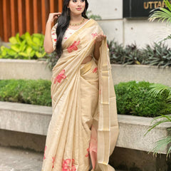 Beige Soft Banarasi Saree with Red Floral Prints – Soft & Lightweight Party Wear Saree for Women