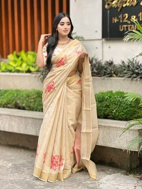 Beige Soft Banarasi Saree with Red Floral Prints – Soft & Lightweight Party Wear Saree for Women