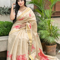 Beige Soft Banarasi Saree with Red Floral Prints – Soft & Lightweight Party Wear Saree for Women