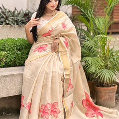 Beige Soft Banarasi Saree with Red Floral Prints – Soft & Lightweight Party Wear Saree for Women