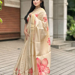 Beige Soft Banarasi Saree with Red Floral Prints – Soft & Lightweight Party Wear Saree for Women