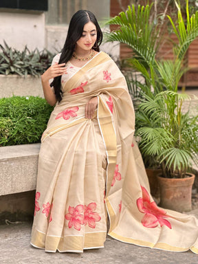 Beige Soft Banarasi Saree with Red Floral Prints – Soft & Lightweight Party Wear Saree for Women