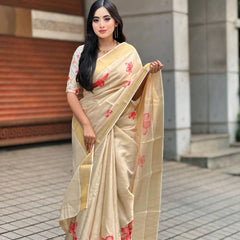 Beige Soft Banarasi Saree with Red Floral Prints – Soft & Lightweight Party Wear Saree for Women